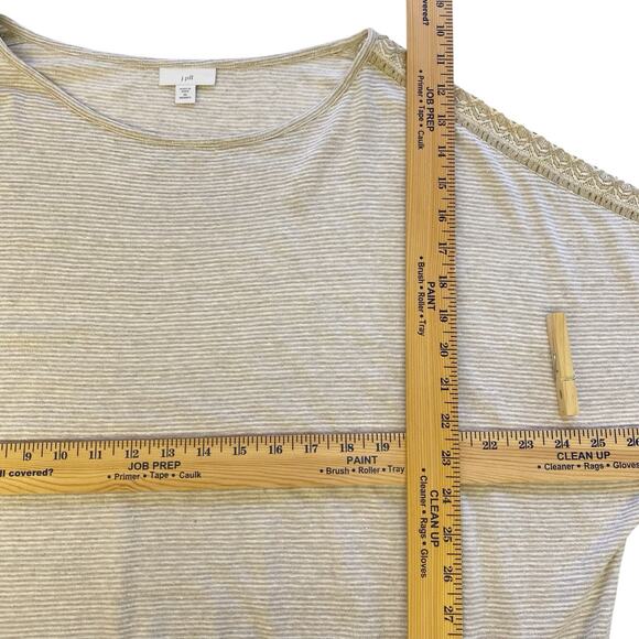 J. Jill Top Size 2X Tan Striped Linen Blend Knit Dolman Crochet Trim Casual Boho - Picture 9 of 9